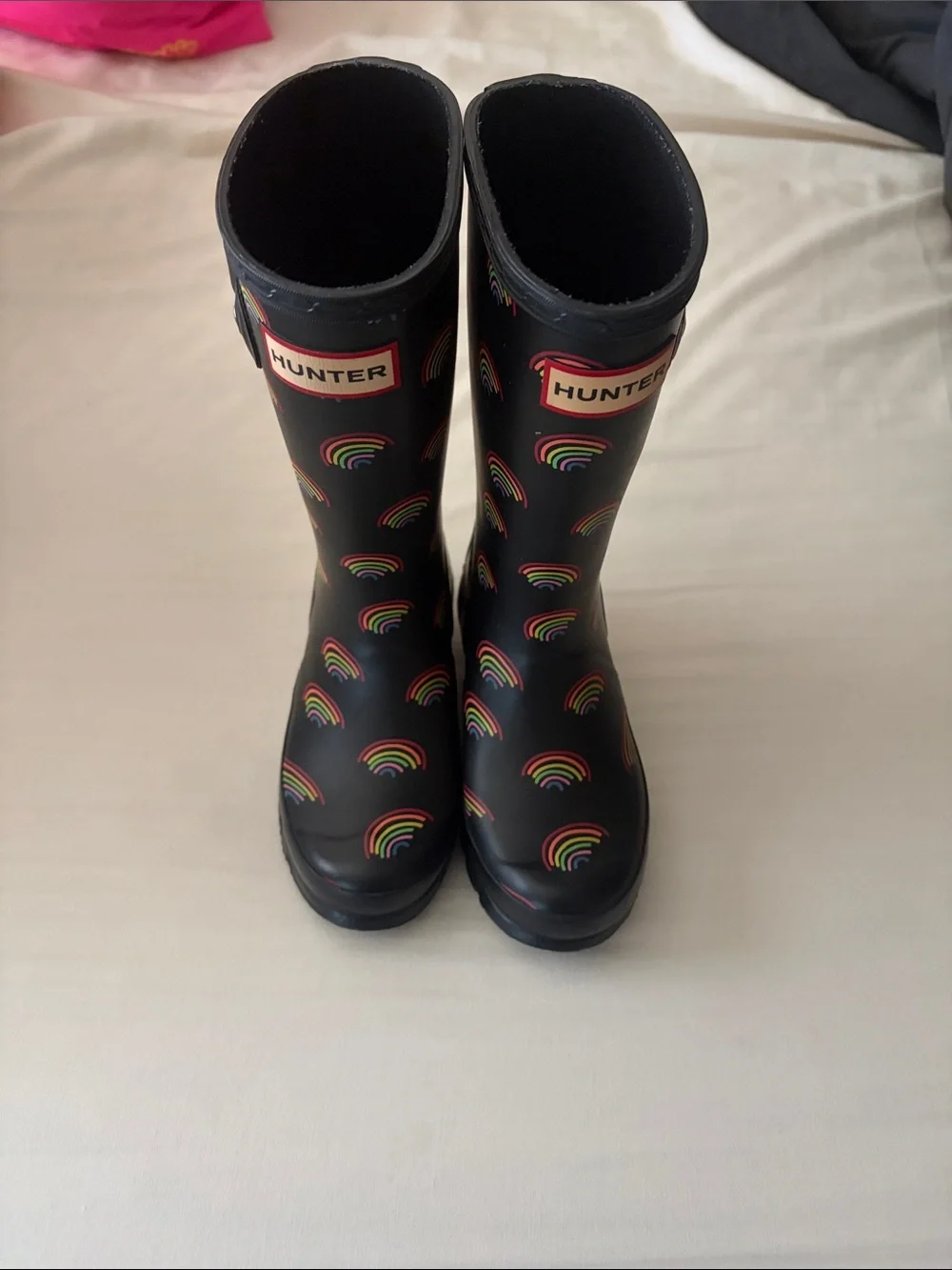 Hunter Kids Black Rain Boots with Rainbow Print